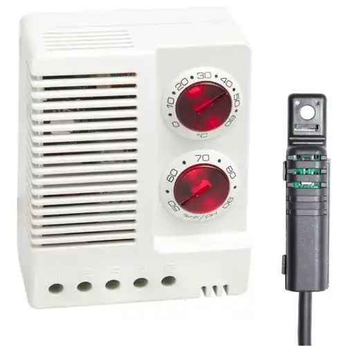 Letzte Chance Hygrotherm mit externem Sensor, 2 m, 100-240 V, 32-140 °F, 50-90 % rF, Kunststoff, (B x H x T) 60 x 77 x 43 mm, lichtgrau, 01231.9-01