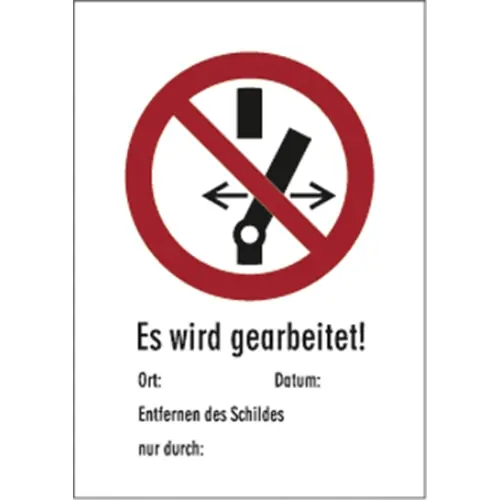 Begrenztes Angebot Verbotszeichen, Text: "Es wird gearbeitet", (B) 131 mm, Kunststoff, 080.15-6-185X131-S