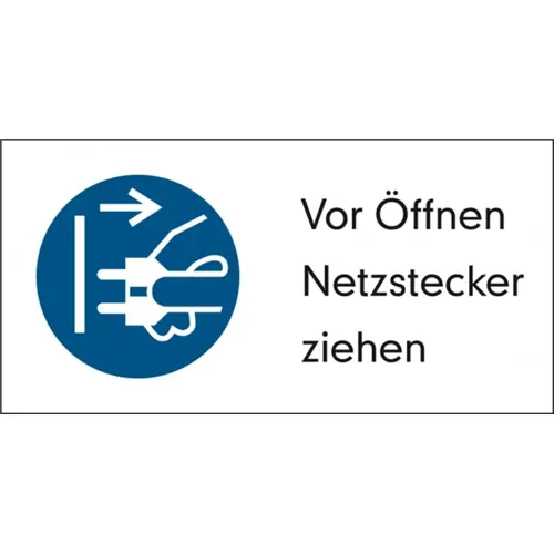 Top-Angebot Gebotszeichen, Symbol: Netzstecker ziehen mit Hinweis, (B) 65 mm, Kunststoff, 083.52-9-V, Packung mit 10 Stück