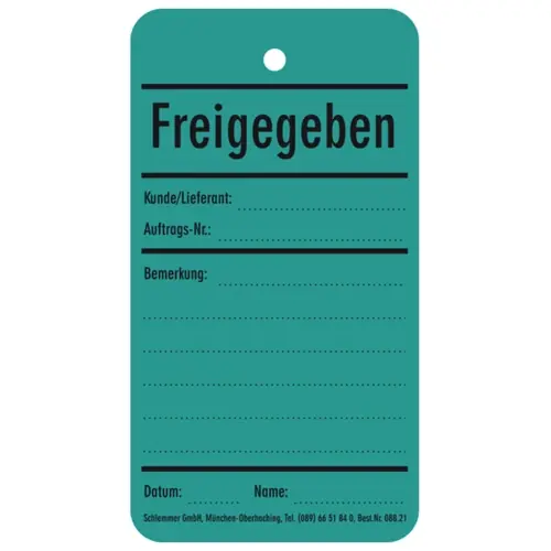 Kolli-Anhänger, Text: "Freigegeben", (B) 65 mm, Kunststoff, 088.21, Packung mit 50 Stück Solange Der Vorrat Reicht